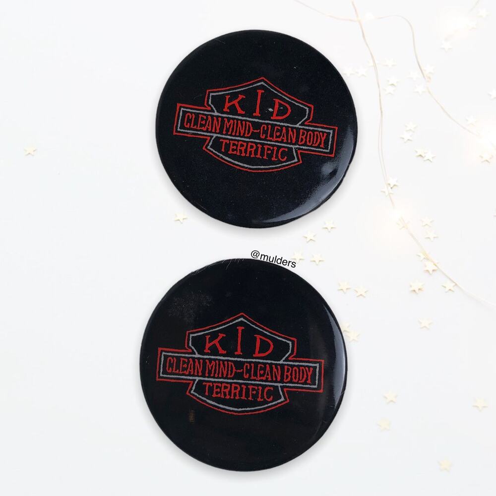 Vintage 80s Kid Terrific Clean Mind - Clean Body Harley-Davidson Parody Pins